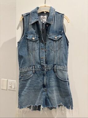 Zara Denim Sleeveless Button Romper in Medium Blue